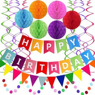 Cross Border Birthday Party Decoration Birthday suit Spiral Colorful Birthday Banner Paper Flower Honeycomb Ball Round Pieces