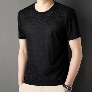 Source manufacturers 2025 new short sleeve ice silk T-shirt summer 3D jacquard men's quick-drying crew neck jacket men