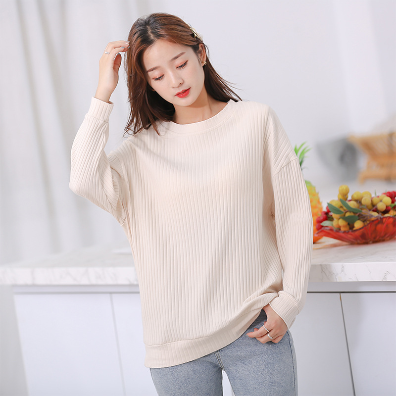 새로운 세대의 니트 바닥 셔츠 숙녀 가을 컵 단색 느슨한 둥근 목 긴 소매 셔츠 티셔츠