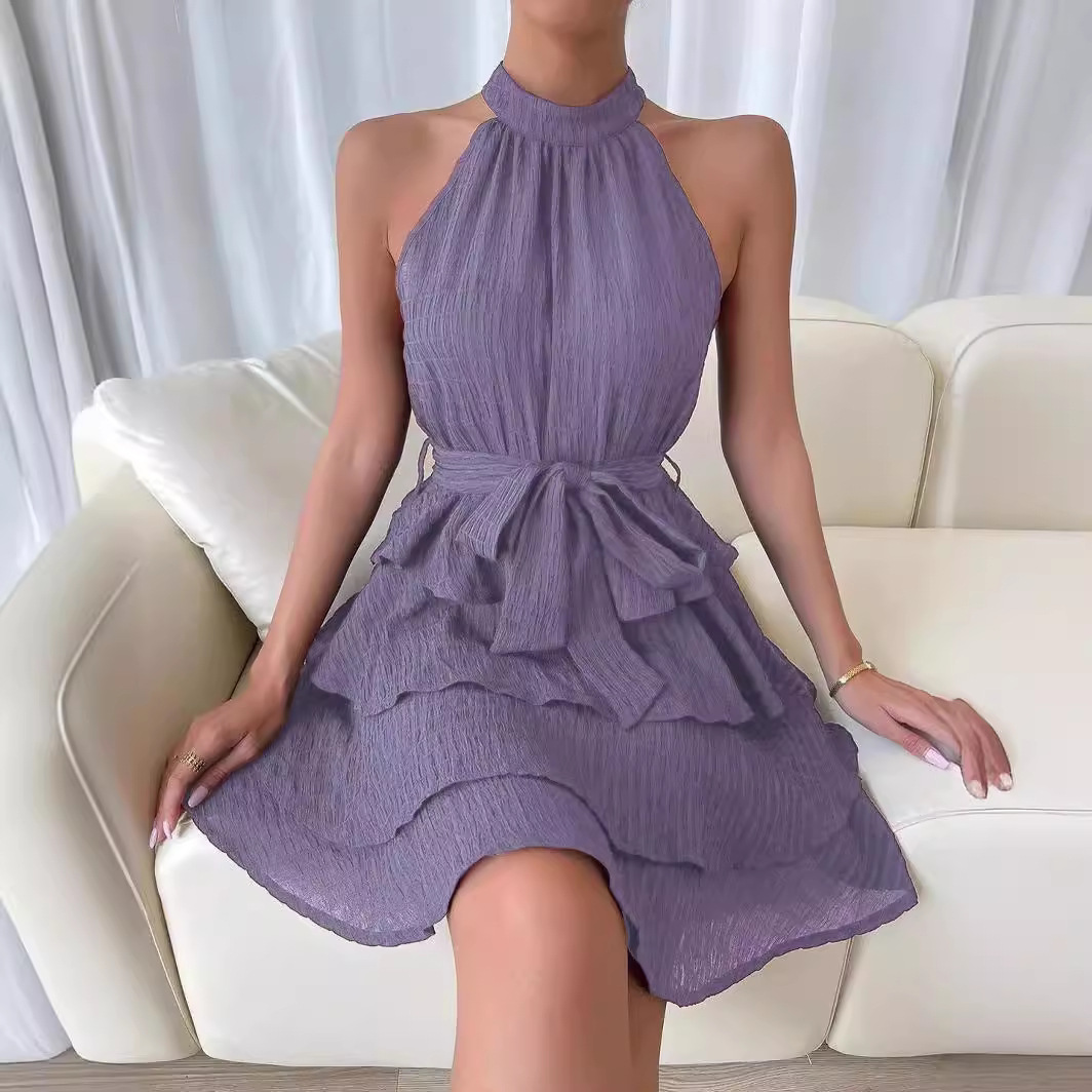 Cross-Border Foreign Trade European and American Women's Clothing Amazon 2026 Summer Lace-Up Halter-Style Patchwork Sleeveless Ruffle Dress
