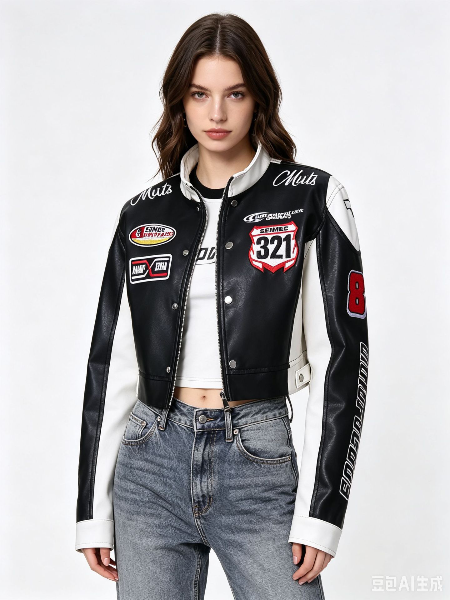 Amazon Women's Motorcycle Jacket Embroidered with White Pu Leather Women's Leather Jacket Trendy Cool and Handsome Jazz Dance Motorcycle Jacket