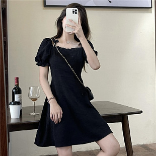 Square Collar Puff Sleeve dress Women's Spring and Summer 2025 New French Hepburn Style Fresh Sweet Black Dress
