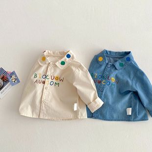 Children's Korean-style Shirt 2025 New Spring 0-5 Years Old Boys Letter Wave Dot Denim Shirt Trendy Baby Spring Clothes