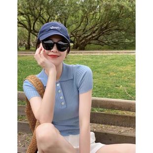 Blue Shoulder Short Slim-fit Lasel Ice Silk Top Women's Summer Thin Elegant Knitted Polo Collar Short-sleeved T-shirt