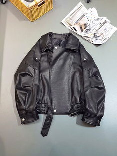 Lamb bubble leather motorcycle jacket loose PU leather oversize2024 new simple early autumn coat wholesale