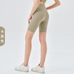 New Lycra Sports Shorts Summer Outer Wear Pocket No Embarrassment Line Naked Fitness High Waist Hip Lifts Five-point Yoga Pants