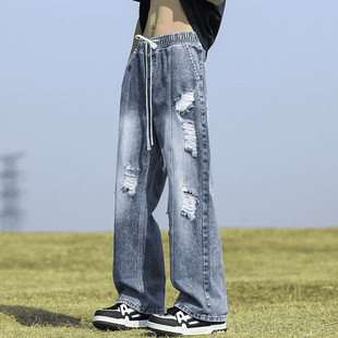 Men's Ripped American Jeans Jeans Men's Autumn High Street All-match Straight Pants Loose Boys Wide-leg Pants
