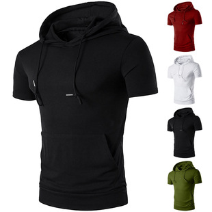 European and American new summer 2023 foreign trade new men's solid color hooded leisure sports T-shirt men's solid color