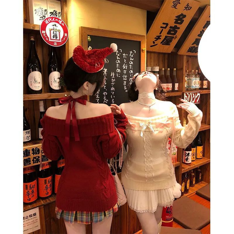 Sweet Christmas and New Year One-Shoulder Red Knitted Sweater for Women, Autumn and Winter Design, Waist-Cinching, Loose-Fitting, Slimming Knitwear