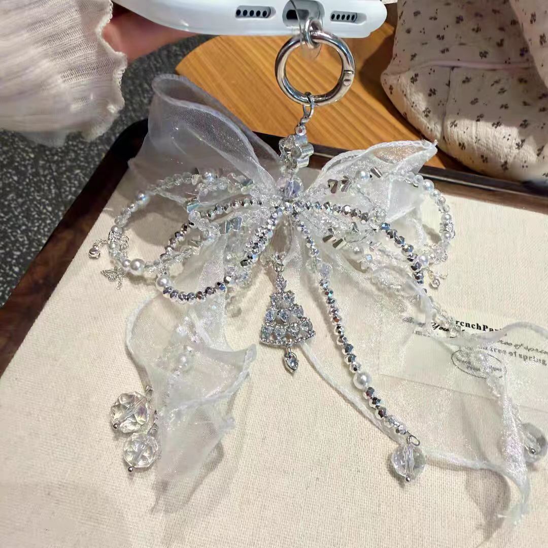 High-Appearance Beaded Tulle Bow Phone Chain for Women, Fashionable Versatile Accessory, Ultra-Fairy Light Luxury Exquisite Ornament