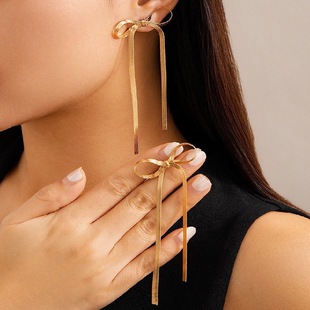 [Earrings Explosions 1] European and American Cross-border Bowknot Earrings Niche Metal Ribbon Flat Blade Chain Earrings Women