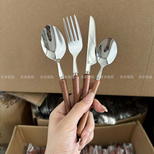 Light Luxury 304 Stainless Steel Wooden Handle Knife and Fork Western Tableware Small Waist Knife and Fork Spoon Tea Spoon Round Wooden Handle Laser LOGO