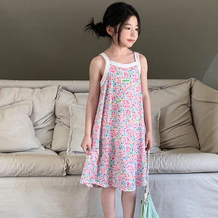 2024 Spring New Children's Ice Silk Suspender Dress for Small and Medium-sized Girls Western Style Full Printed Floral Outer Wear Beach Dress