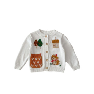 2025 Baby Coat Men's and Women's Cotton Sweater Cardigan Cartoon Pattern Embroidered Jacquard Pocket Knitted Coat