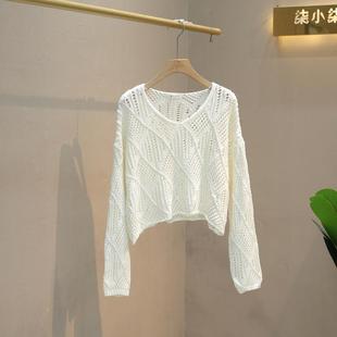 2024 Spring and Summer New Lazy Style Soft Waxy Diamond Hollow V-neck Knitted Sweater Long-sleeved Loose Slim-fit Women's Blouse