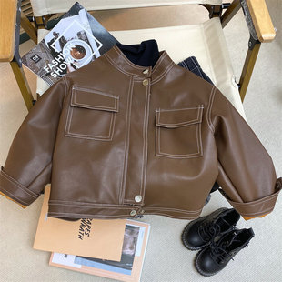 Boys' leather jacket autumn and winter slim fit Korean style children's fashionable baby Ruan Shuai fleece-lined leather jacket casual all-matching