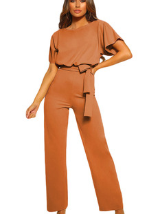 European and American Hot Sale Solid Color Casual All-Match Belted Wide Leg jumpsuit for Women 2025 New Loose jumpsuit suit