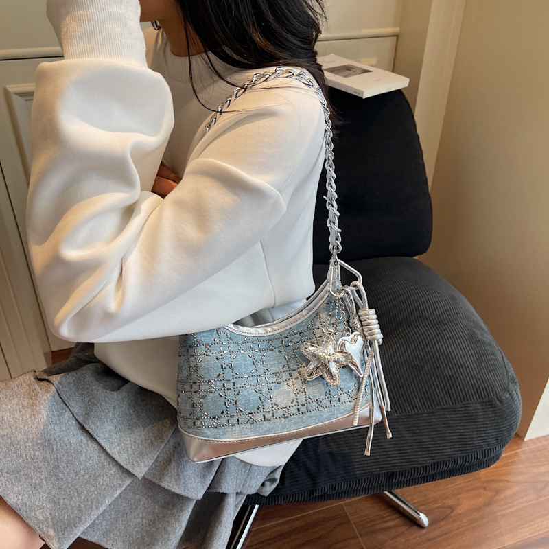 Cross-border women's handbag 2025 summer new denim blue hot-fix rhinestone sequin shoulder bag, fashionable and versatile small square bag/handbag