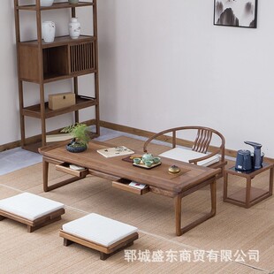 New Chinese Style Old Elm Tatami Tea Table Tea Room Zen Tea Table Rectangular Solid Wood Guoxue Table and Chair Combination