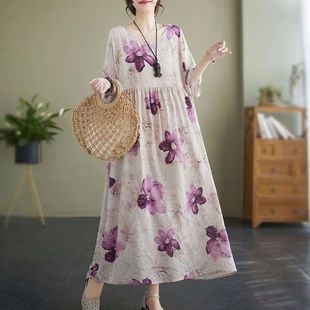 2024 Summer New Dress Ethnic Style Printed Belly Covering Loose dress Middle-aged and Elderly Mother plus size Pocket Skirt
