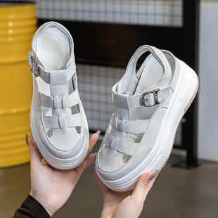 Sandals Women's Summer New Comfortable Thick-soled Casual Height Increasing Women's Shoes Round-toe Fashion Hollow-out Trendy Buckle Shoes