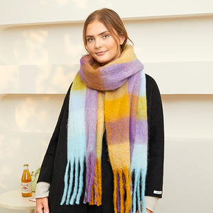 Rainbow scarf women's winter shawl colorful plaid warm thickened ins trendy cute girl student all-match wholesale