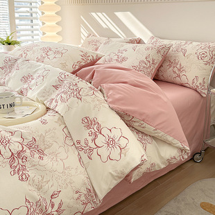 Class A cotton four-piece set small fresh cartoon floral single quilt cover three-piece set cotton bed sheet kit bedding