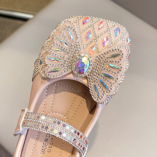 Girls Shoes Princess Crystal Shoes 2025 New Spring and Autumn Children's Leather Shoes Girls Shiny Crystal Shoes with Soft Sole