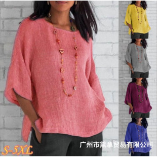 Shipping on the same day 2022wisheaby Amazon new foreign trade women's seven-point sleeve round neck cotton and linen shirt jacket