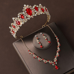 Crown headdress three-piece high-end atmospheric red diamond birthday crown necklace earrings bridal wedding evening dress jewelry