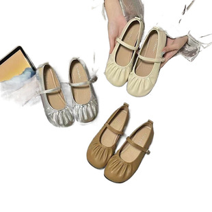 Explosions Mary Jane Doudou 2024 Spring and Summer New Flat Pleated Granny Shallow Mouth Gentle Shoes Fairy