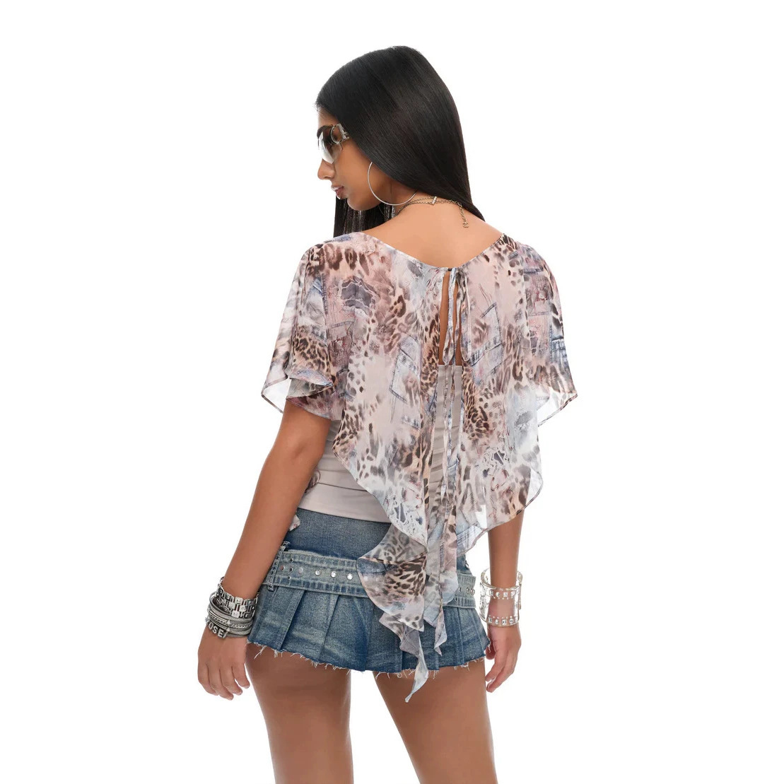 European and American Style Women's Printed Irregular Backless Tie-Up Top with Rhinestones, Tube Top for Hot Girls, Vacation Casual Outerwear