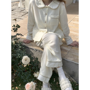 Real shot 2025 spring INS Korean simple contrast color doll collar double cotton yarn cotton home clothes pajamas suit