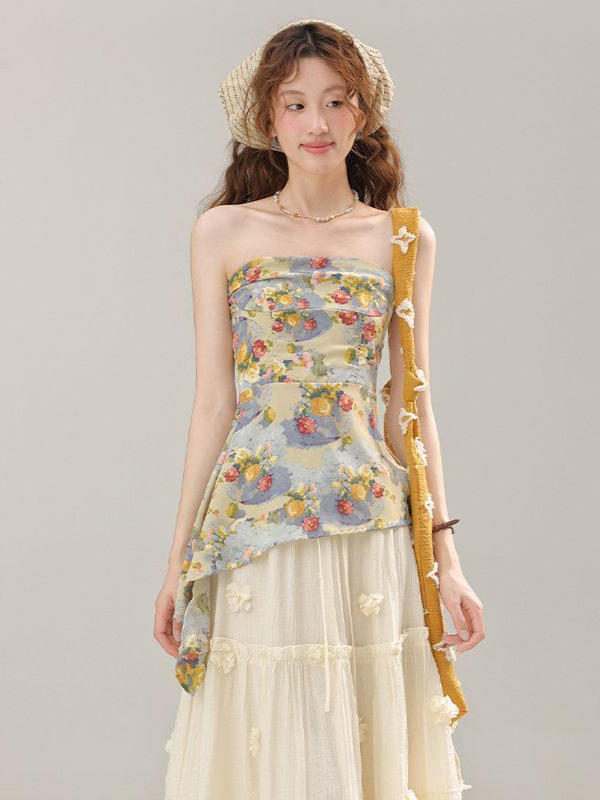 American Retro Hot Girl Oil Painting Tube Top Women's Summer New Slimming Irregular Design Short Top