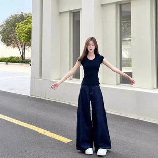 American Style Retro dark blue Jeans Women's Spring and Autumn High Waist Dipped Loose Wide Leg Pants Casual Trendy Trendy Pants