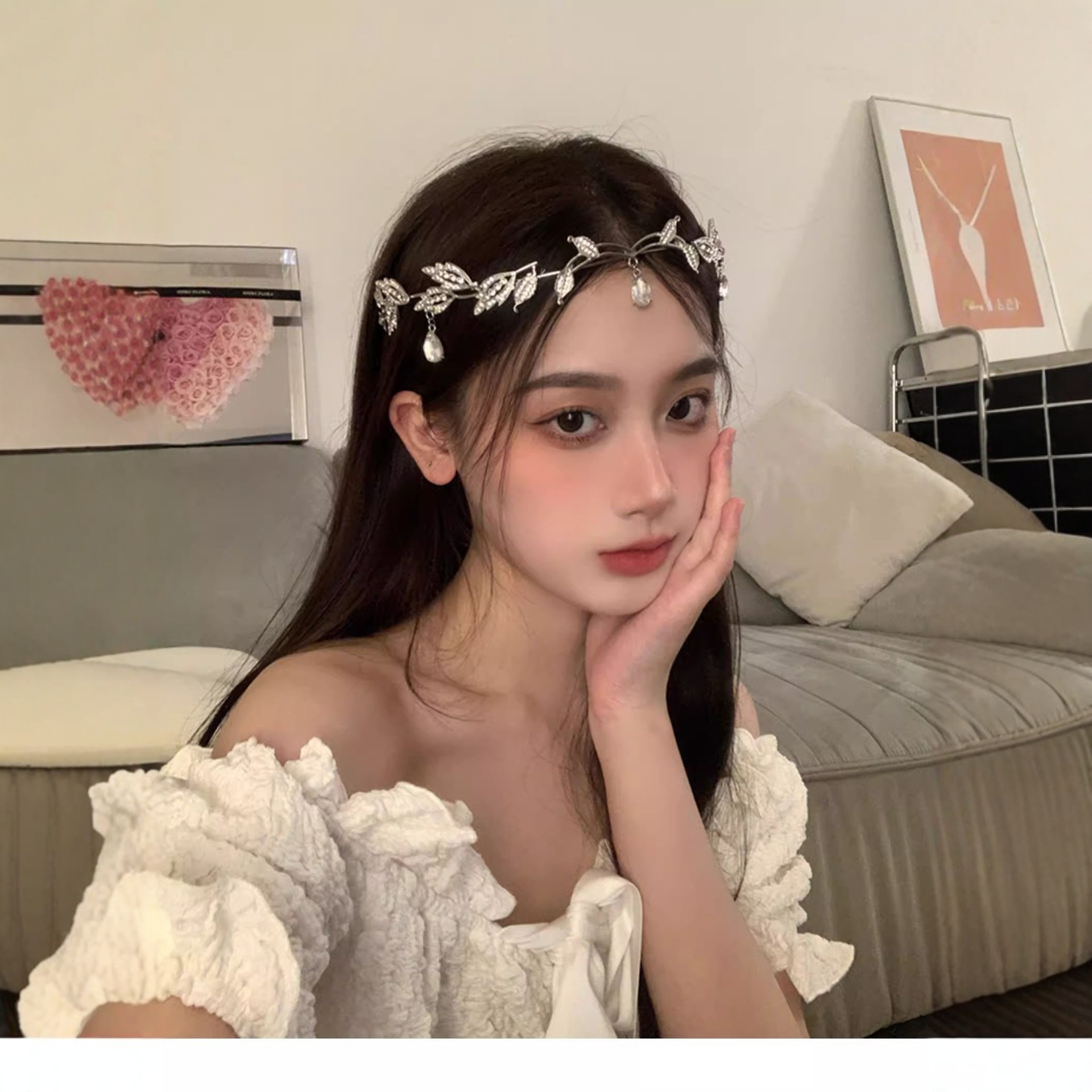 Crystal Leaf-Shaped Hair Chain Bridal Headdress Wedding Dress Accessories Fairy Style Hair Hoop Women's Birthday Party Headdress
