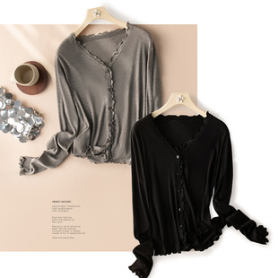 2025 Hangzhou Four Seasons Spring and Summer New V-neck Double Placket Silk Lyocell Short Cardigan T-shirt Women's Breathable