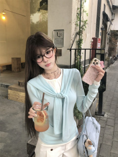 Xiaozhong Fake Two-Piece Mint Blue Long-Sleeved T-Shirt Women's Korean-Style suit Spring White Casual Pants Wide-Leg Pants Two-Piece Set