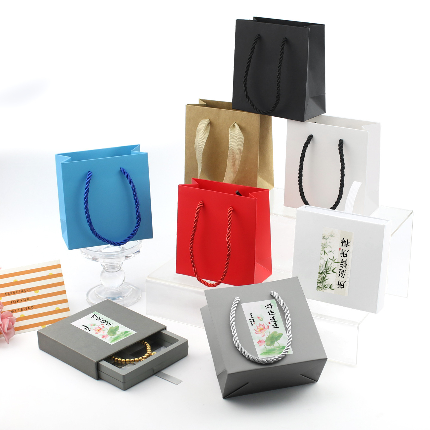 Colorful Small Tote Paper Bags, Matching Suspension Boxes, Gift Bags for Jewelry, Jewelry Gift Bags, White Card Paper Bags