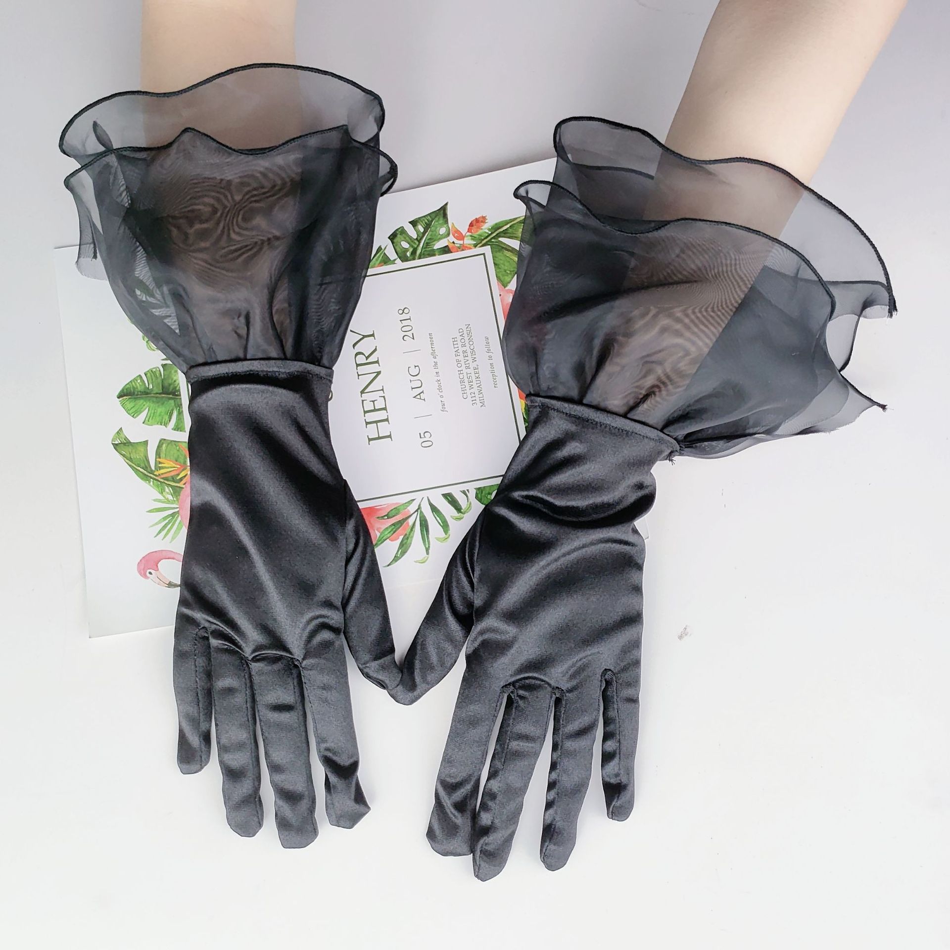Elegant Hepburn Style Ruffled Black Satin Retro Wedding Dress Gloves Photographic Styling Opera Dinner Accessories