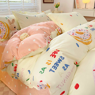 ins Small Fresh Skin-friendly Brushed Washed Cotton Four-piece Bedding Set Student Bed Sheets Quilt Cover Three-piece Set Wholesale