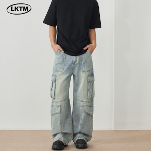 LKTM Men's# Trendy Brand Multi-Pocket Stitching Design Sense Tooling Jeans Men's and Women's Street All-Match Straight Pants