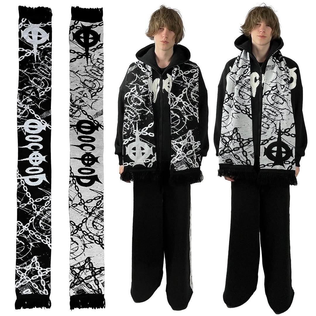 Y2K Cross-Border European and American Autumn and Winter Gothic Fashion Trend Jacquard Design Black Tassel Knitted Scarf for Men and Women