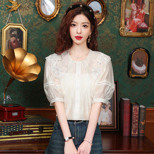 Spot 2024 Summer New Doll Collar Bubble Sleeve Beaded Shirt Women's Design Sense Niche All-match Top