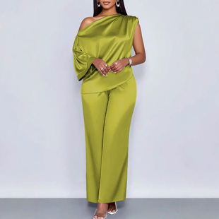 2025 European and American Cross-Border Independent Station Summer Casual Women's Satin Suit Slope Collar Short-Sleeved Top + Pants Suit