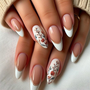 24 pieces of Chinese drop-shaped armour, white-edged flower pattern, gold-plated French-edged false nails, high