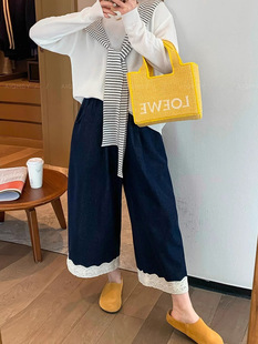 dark blue Lace Stitching Jeans Women's Spring and Summer 2025 New Casual Wide-leg Cropped Pants