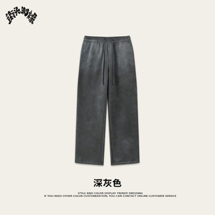 Chao Brand Printer | 2024 Autumn fleece-lined Thickened Loose Leg Straight Pants American Street Washed Pants Men