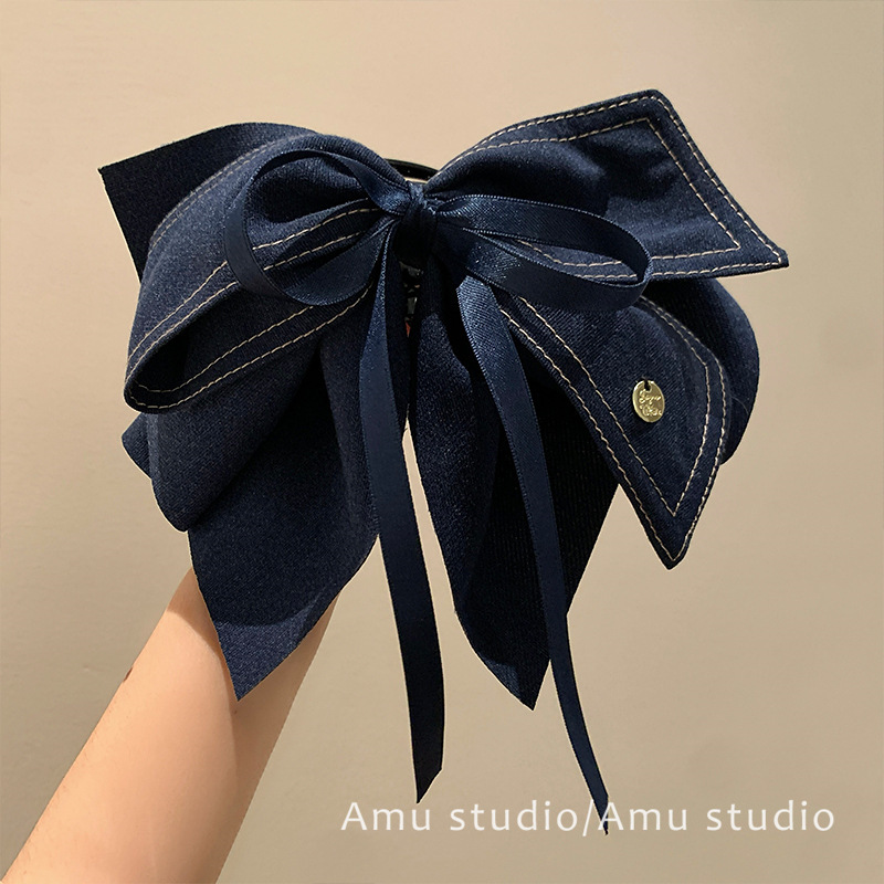 Korean-Style Deep Blue Large Bow Fabric Ponytail Clip for Women, Elegant Hair Accessory for Back-Of-Head Updo, Shark Clip Hairpin
