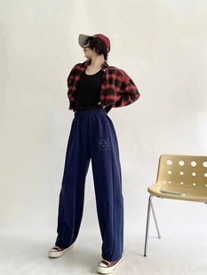Korean-style Autumn and Winter Half-beam Foot Number Letter Embroidered Sweat Pants Casual High Waist Loose Wide Leg Sports Pants for Women